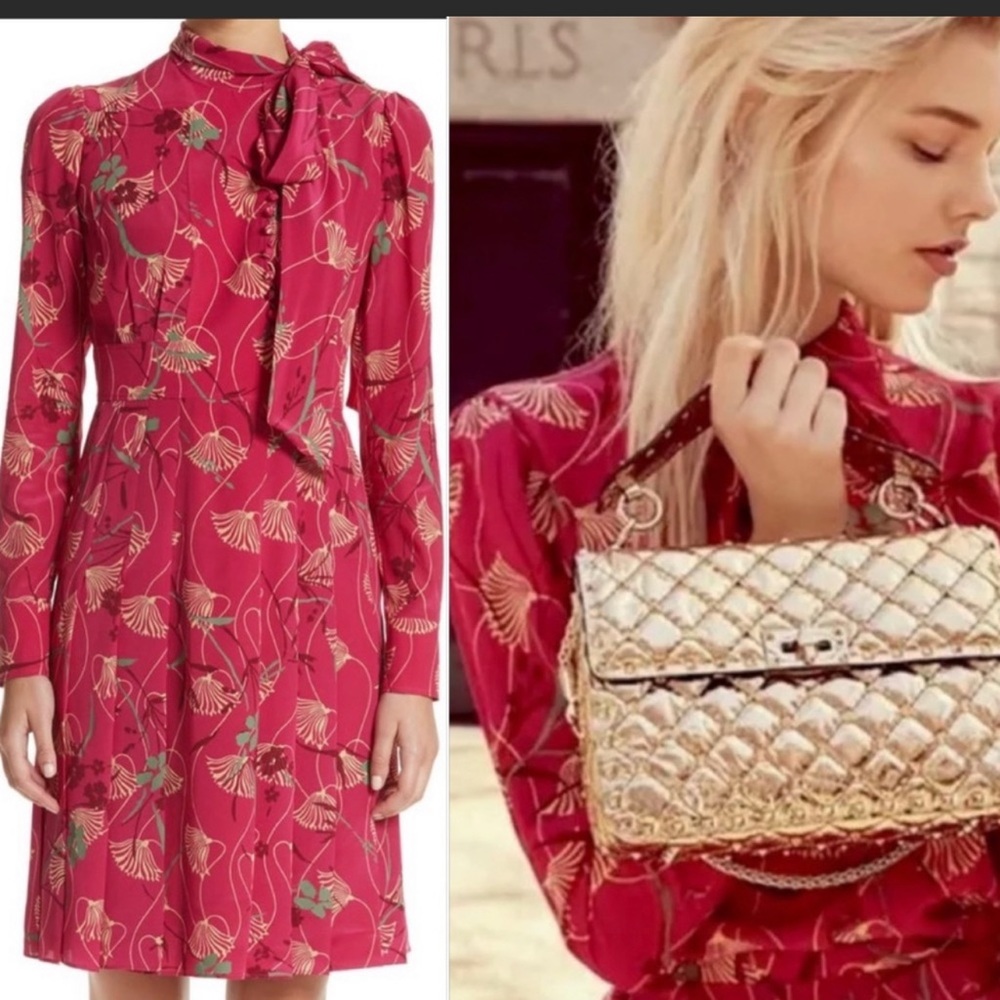 Valentino Lotus Print Bow Tie Pleated Skirt Dress
